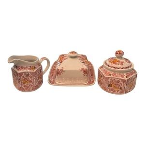 VTG ButterDish sugarbowl & creamer - Ridgway Staffordshire Red Canterbury Floral